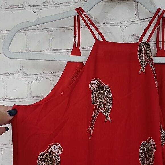 LOFT Petite Parrot Double Strappy Cami Red Tank Sleeveless Bird Blouse Shell Top - Picture 9 of 13